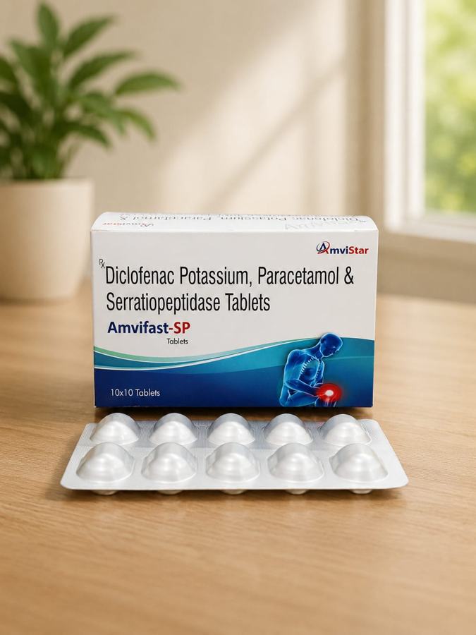 Amvifast-SP: Diclofenac Potassium, Paracetamol & Serratiopeptidase Tablets